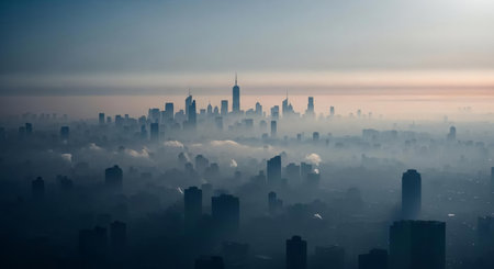 Panoramic view of a foggy city with skyscrapersの素材