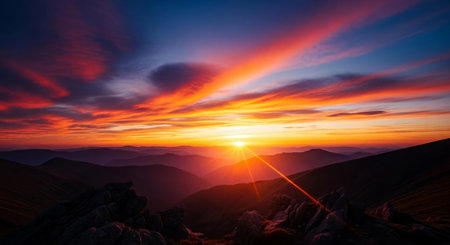 Majestic sunset in the mountains landscape. Dramatic sky.の素材