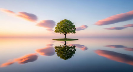 Lonely tree on the lake with reflection of sky and cloudsの素材