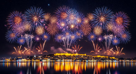 Colorful fireworks of various colors over night sky with reflection in waterの素材