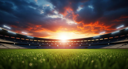 3D render of a beautiful sunset over a large football stadium.の素材