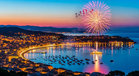 Celebratory firework over Villefranche-sur-Mer, Franceの素材