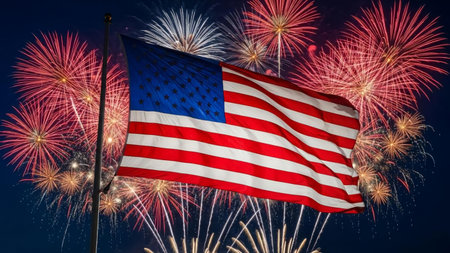 National flag of United States of America and fireworks in honor of Independence Dayの素材