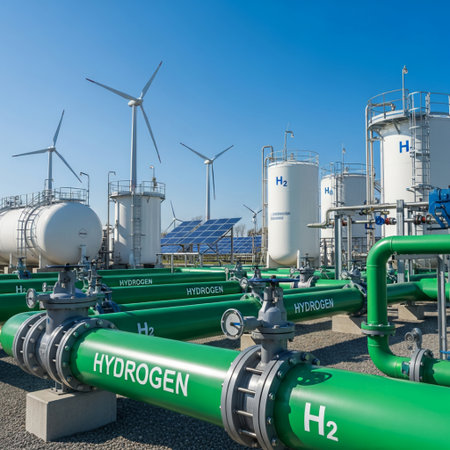Oil refinery with solar panels and wind turbines on blue sky background.の素材