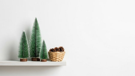 Three small green bottlebrush tree decorations with brown bases and a woven basket holding a pine cone isolated on transparent backgroundの素材