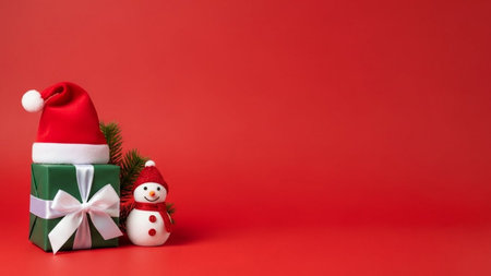 Christmas and New Year background with gift box and snowman on red backgroundの素材