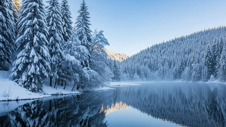 A calm frozen lake reflects tall snow covered pine trees and misty forested mountains under a clear blue winter skyの素材