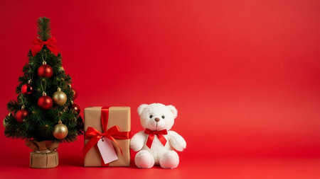 Christmas tree and teddy bear with gift box on red background.の素材