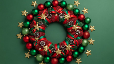 A decorative circular Christmas wreath featuring red and green knitted ornaments with snowflake patterns gold stars and colorful round baubles isolated on transparent backgroundの素材