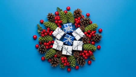 A festive circular arrangement featuring green pine branches red berries pine cones and small wrapped gift boxes isolated on transparent backgroundの素材