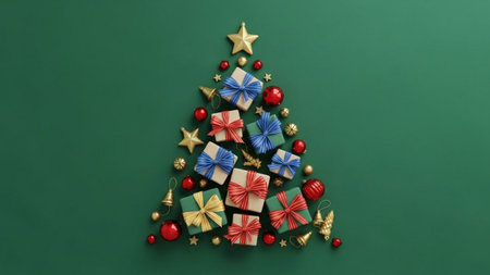 Various wrapped presents with ribbons and bows arranged alongside red and gold holiday decorations to create a Christmas tree design isolated on transparent backgroundの素材
