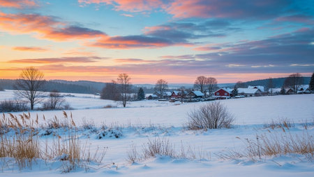 A picturesque winter scene featuring a small rural village covered in snow during a colorful sunset with scattered trees and open fieldsの素材