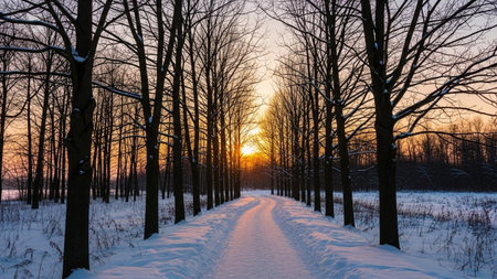 A serene winter scene showing a snow covered path lined with tall leafless trees illuminated by the warm glow of a setting sun in the distanceの素材