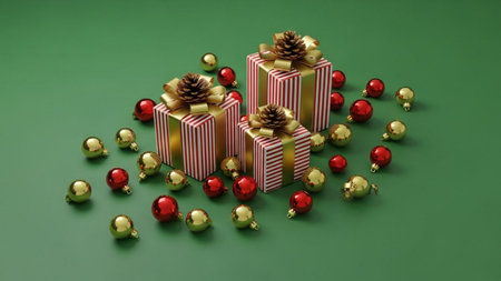 Three wrapped gift boxes with golden stripes and pinecone shaped ribbons surrounded by red and gold Christmas baubles and ornaments isolated on transparent backgroundの素材