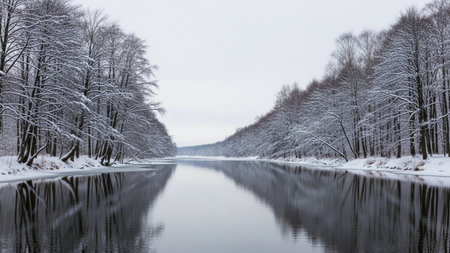 A calm frozen canal stretches through a quiet winter landscape with trees heavily laden with snow on both sides reflecting in the still waterの素材