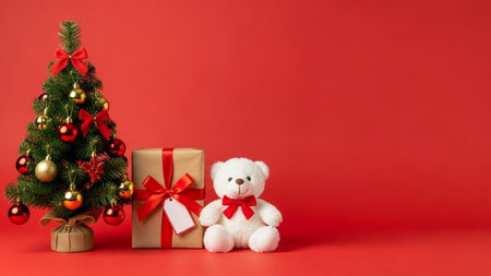 Christmas tree and teddy bear with gift box on red background.の素材