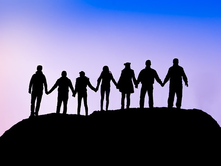 friends silhouette holding hand in handの写真素材