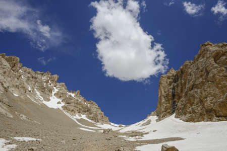 Snowy and cloudy mountain landscapes. Glacier mountain Aladaglar National Park Nigde, Turkey.の写真素材