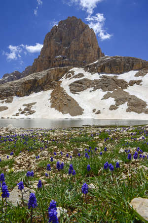 Snowy and cloudy mountain landscapes. Glacier mountain Aladaglar National Park Nigde, Turkey.の写真素材