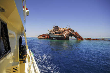 Boat wreck. The remains of the Loullia on the northern edge of Gordon Reef in the Straits of Tiran...