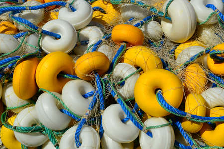 background of colorful fishing nets and floats