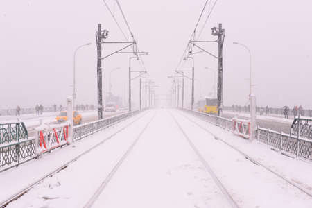 in winter snowy Galata bridge, Istanbul Turkey.の写真素材