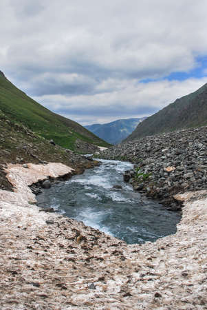 Mountains with glacier view. Front side glacier background with blue clouds. Kackar Mountains National Park, Turkey.の写真素材
