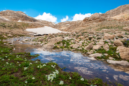 Aladaglar National Park (glacial landscape). Cloudy mountain landscape. glacial mountains, hills. Trans mountain hikes. Aladaglar trekking. Melting glacial waters. trans transitioの写真素材