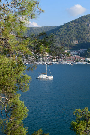 Fethiye is the most beautiful holiday region of Turkey. Fethiye bays. Boats moored in the bays.の写真素材