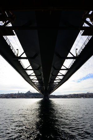 long exposure. View of HaliÃ§ Metro Bridge connecting AzapkapÄ± (BeyoÄlu) and UnkapanÄ± (Fatih) (Halic Metro Bridge). blue sky Istanbul Turkeyの写真素材