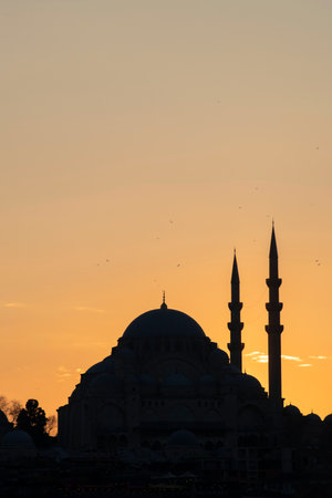 Silhouette Suleymaniye Mosque in Sunset City. Istanbul Turkey.の写真素材
