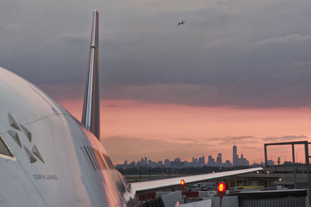 LUFTHANSA Boeing 747 is preparing for departure from airport on June 09,2015 in New York, U.S.A. Lufthansa is a German airline and largest airline in Europe.のeditorial素材