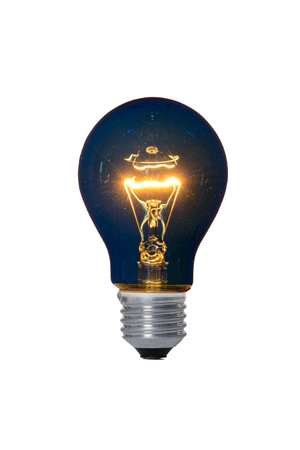 Incandescent lamp with glass bulb and E27 europe blue attachment for reading. Old standard of consumption obsolete and prohibited by current regulations.の写真素材