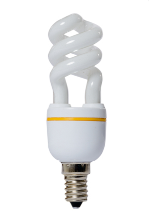 Fluorescent lamp with opaque glass bulb and E27 connection. White background.の写真素材