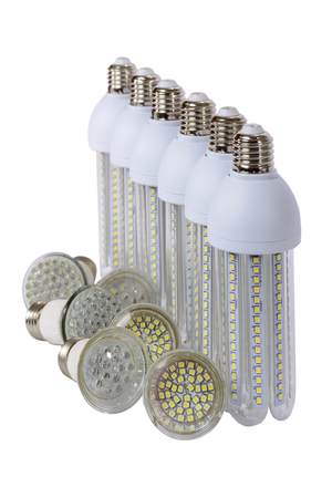 Series of new generation LED lamps with high brightness. White background and E27 socket. White background.の写真素材