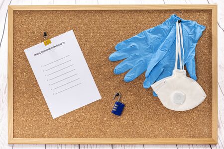 Coronavirus organize for travel with authorization and equipment. Memos and notes.の写真素材