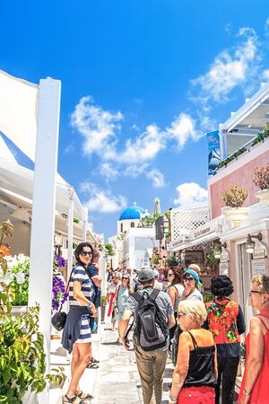 Thira, Greece - 05/20/2015: One of the streets of Thira in the midst of the tourist seasonのeditorial素材