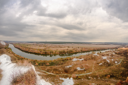 Autumn panorama. View from the high bank to the Don river. Place - Middle Don, "Storozhevskaya bridgehead", Ostrogozhsky district, Voronezh region.の写真素材