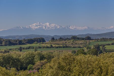 Pyrenees montain range, view fom La Cite, Carcassoneの写真素材
