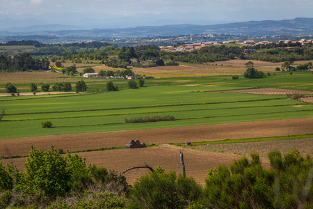 a view of green fields of crops and vineyards on a sunny summer day in French countrysideの写真素材
