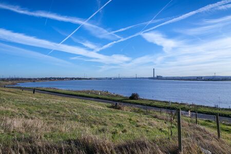 Natural reserve of Rainham Marshes with view of river Thamesの写真素材