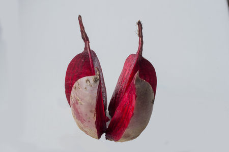 Cut into four pieces red beet isolated on white backgroundの写真素材