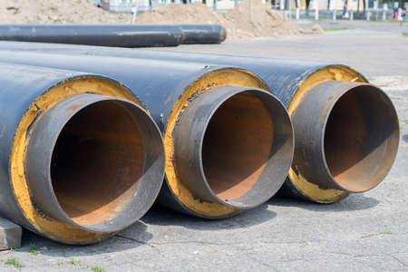 Laying of large-diameter pipes to replace the heating mainの写真素材