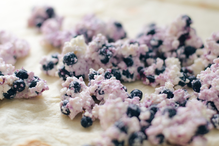 Cottage cheese and blueberry lying on a dough, selective focusの写真素材