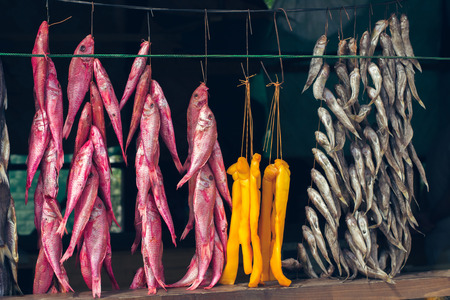 Varieties of sea fish hanging on the market counterの写真素材