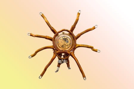 Metal spider with built-in clockwork isolated on light background, steampunk style, close-upの写真素材