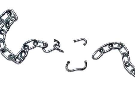 Photo of broken metallic chain isolated on white backgroundの写真素材