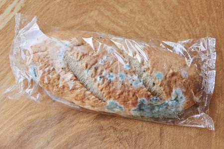 Moldy spoiled bread on a wooden background. Improper storage of food.