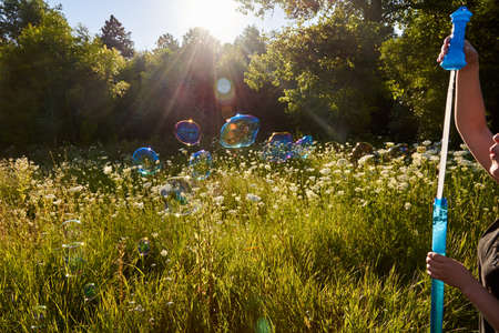 Woman blowing soap bubbles on the meadow in summer, summer fun, summer time.