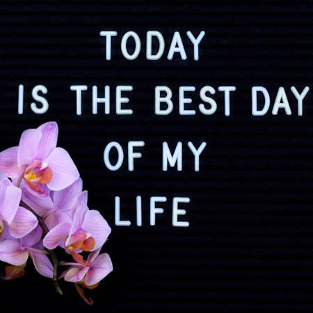 The inscription Today is the best day of my life on a black background, a pink orchid in the corner.の写真素材